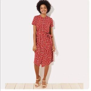 LOFT Red Floral Print Button Up Summer Midi Shirt Dress P2537